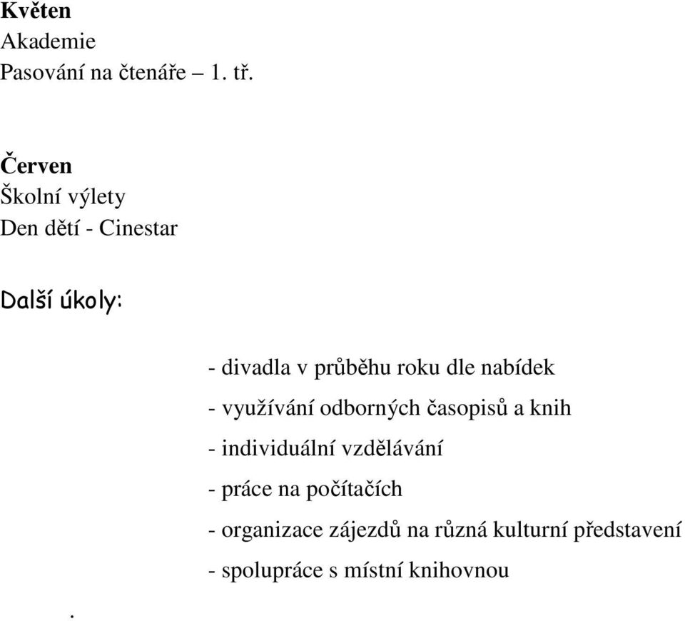 - divadla v průběhu roku dle nabídek - využívání odborných časopisů a knih