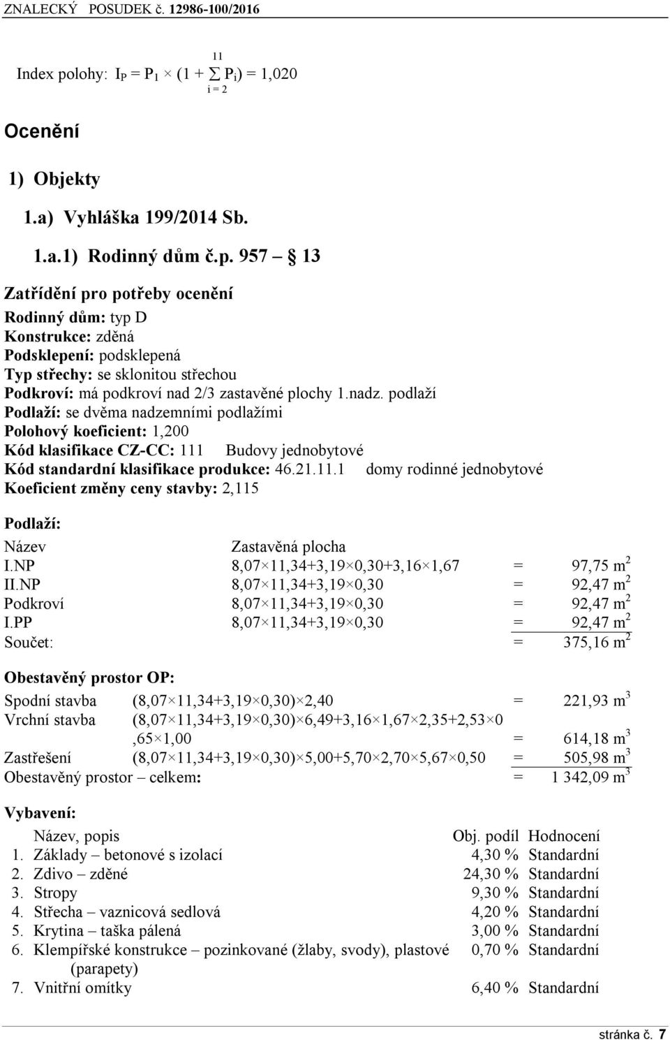 Budovy jednobytové Kód standardní klasifikace produkce: 46.21.11.1 domy rodinné jednobytové Koeficient změny ceny stavby: 2,115 Podlaží: Název Zastavěná plocha I.