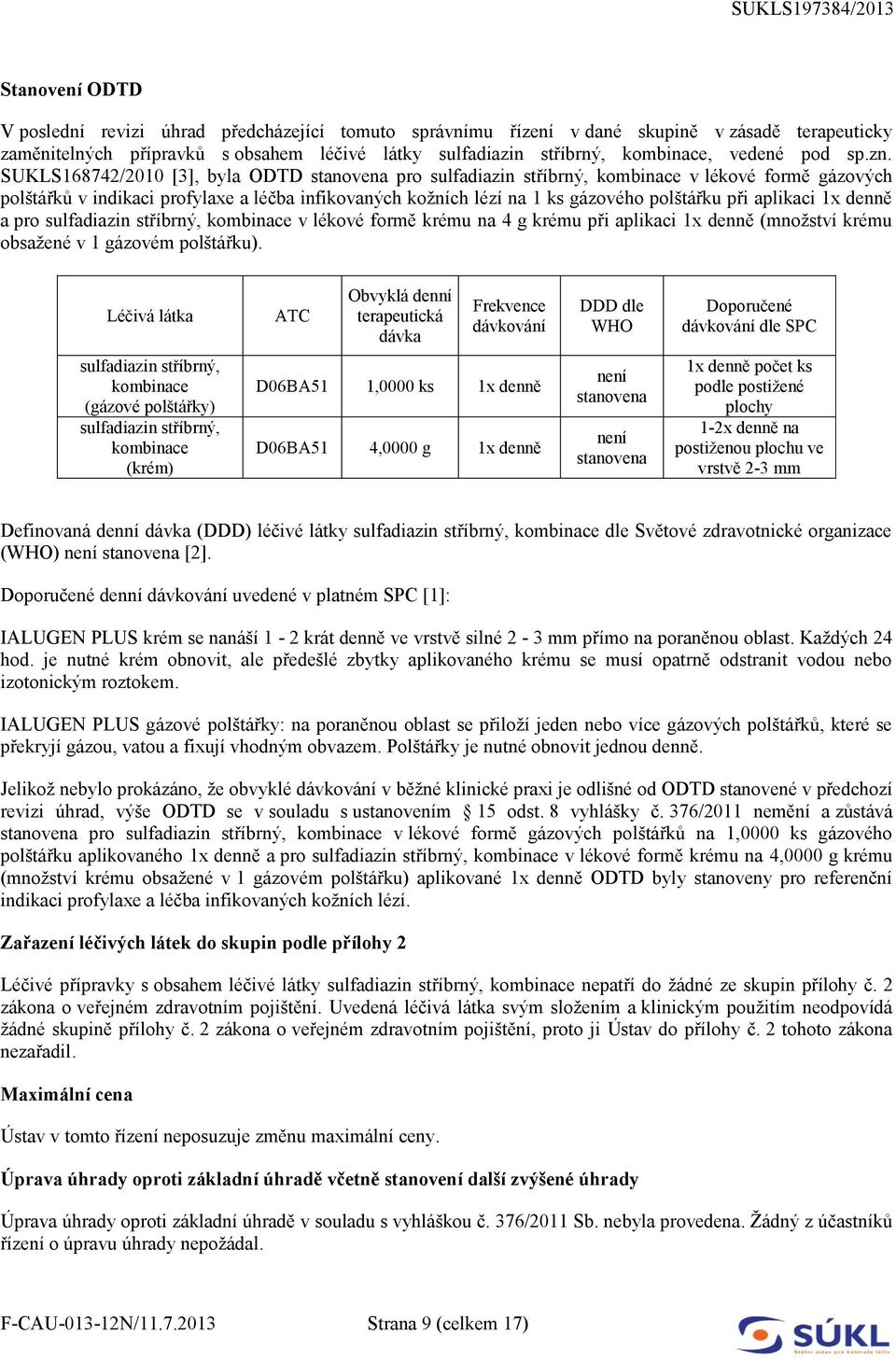 SUKLS168742/2010 [3], byla ODTD stanovena pro sulfadiazin stříbrný, kombinace v lékové formě gázových polštářků v indikaci profylaxe a léčba infikovaných kožních lézí na 1 ks gázového polštářku při