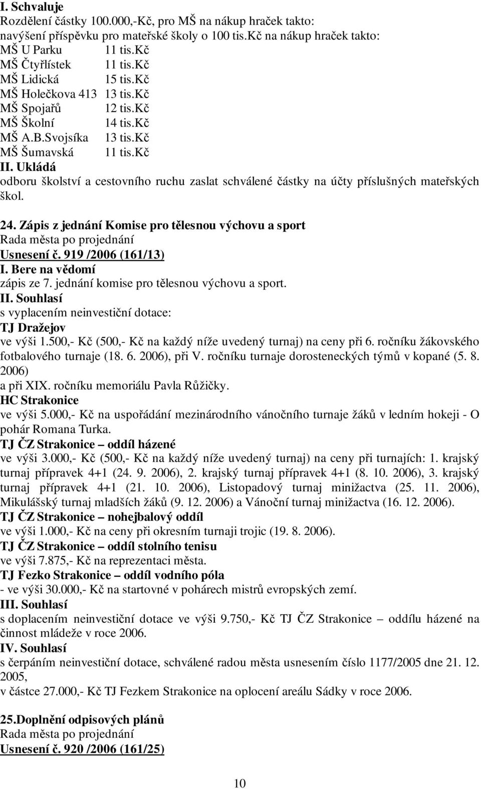 Ukládá odboru školství a cestovního ruchu zaslat schválené částky na účty příslušných mateřských škol. 24. Zápis z jednání Komise pro tělesnou výchovu a sport Usnesení č. 919 /2006 (161/13) I.