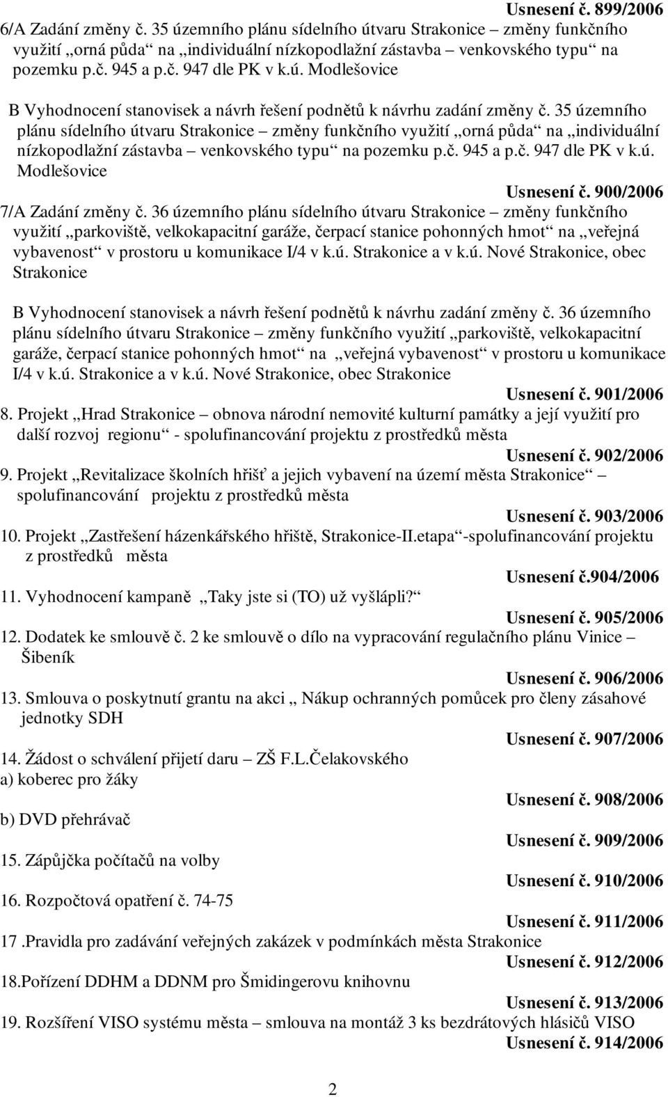 35 územního plánu sídelního útvaru Strakonice změny funkčního využití orná půda na individuální nízkopodlažní zástavba venkovského typu na pozemku p.č. 945 a p.č. 947 dle PK v k.ú. Modlešovice Usnesení č.