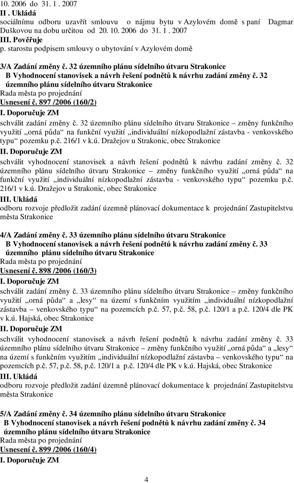 32 územního plánu sídelního útvaru Strakonice Usnesení č. 897 /2006 (160/2) I. Doporučuje ZM schválit zadání změny č.