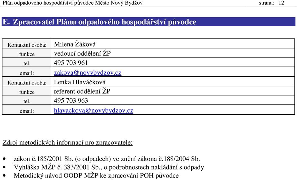 cz Lenka Hlaváčková referent oddělení ŽP tel. 495 703 963 hlavackova@novybydzov.