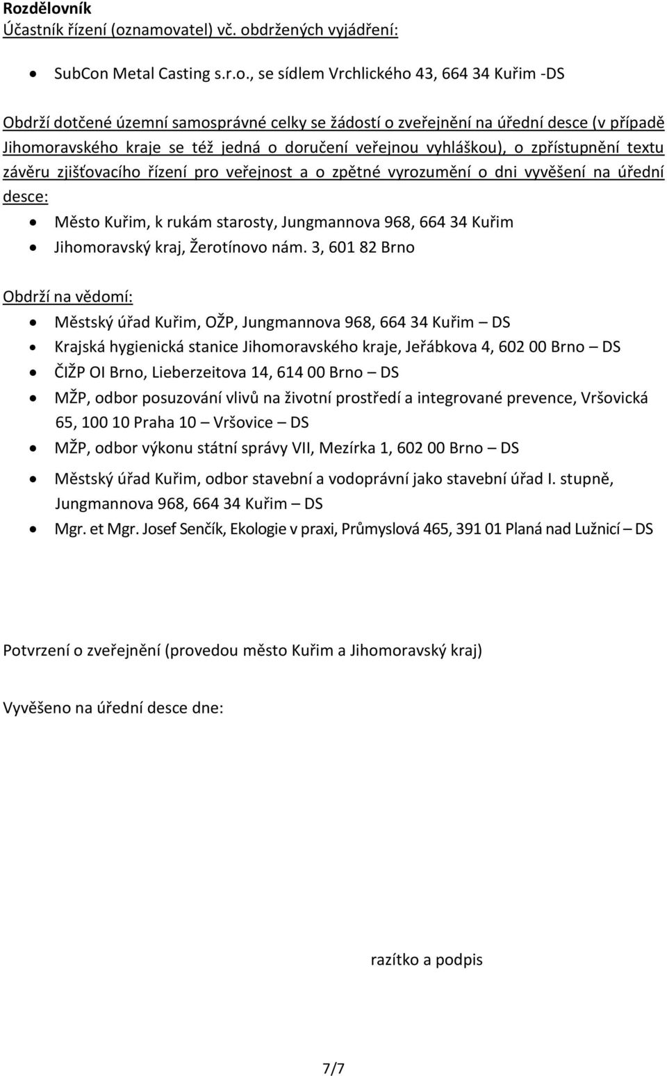 vyvěšení na úřední desce: Město Kuřim, k rukám starosty, Jungmannova 968, 664 34 Kuřim Jihomoravský kraj, Žerotínovo nám.