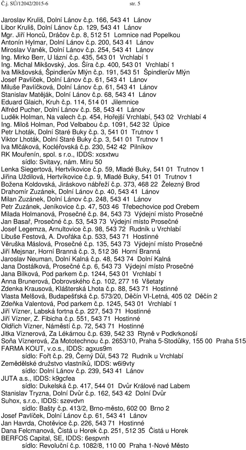 p. 191, 543 51 Špindlerův Mlýn Josef Pavlíček, Dolní Lánov č.p. 61, 543 41 Lánov Miluše Pavlíčková, Dolní Lánov č.p. 61, 543 41 Lánov Stanislav Matěják, Dolní Lánov č.p. 68, 543 41 Lánov Eduard Glaich, Kruh č.