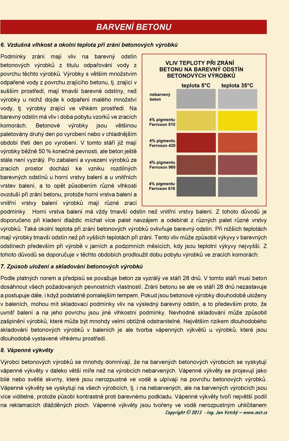 výrobky zrající ve vlhkém prostředí. Na barevný odstín má vliv i doba pobytu vzorků ve zracích komorách.