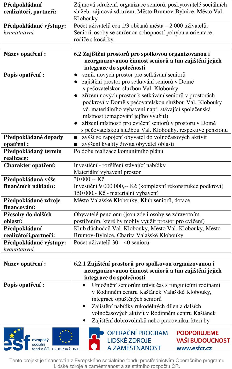 2 Zajištění prostorů pro spolkovou organizovanou i neorganizovanou činnost seniorů a tím zajištění jejich integrace do společnosti vznik nových prostor pro setkávání seniorů zajištění prostor pro