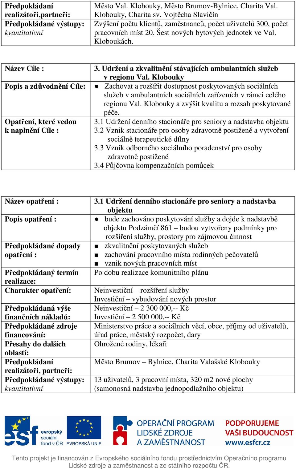 Klobouky Zachovat a rozšířit dostupnost poskytovaných sociálních služeb v ambulantních sociálních zařízeních v rámci celého regionu Val. Klobouky a zvýšit kvalitu a rozsah poskytované péče. 3.