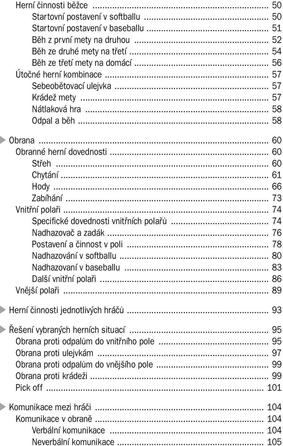 .. 66 Zabíhání... 73 Vnitřní polaři... 74 Specifické dovednosti vnitřních polařů... 74 Nadhazovač a zadák... 76 Postavení a činnost v poli... 78 Nadhazování v softballu... 80 Nadhazovaní v baseballu.