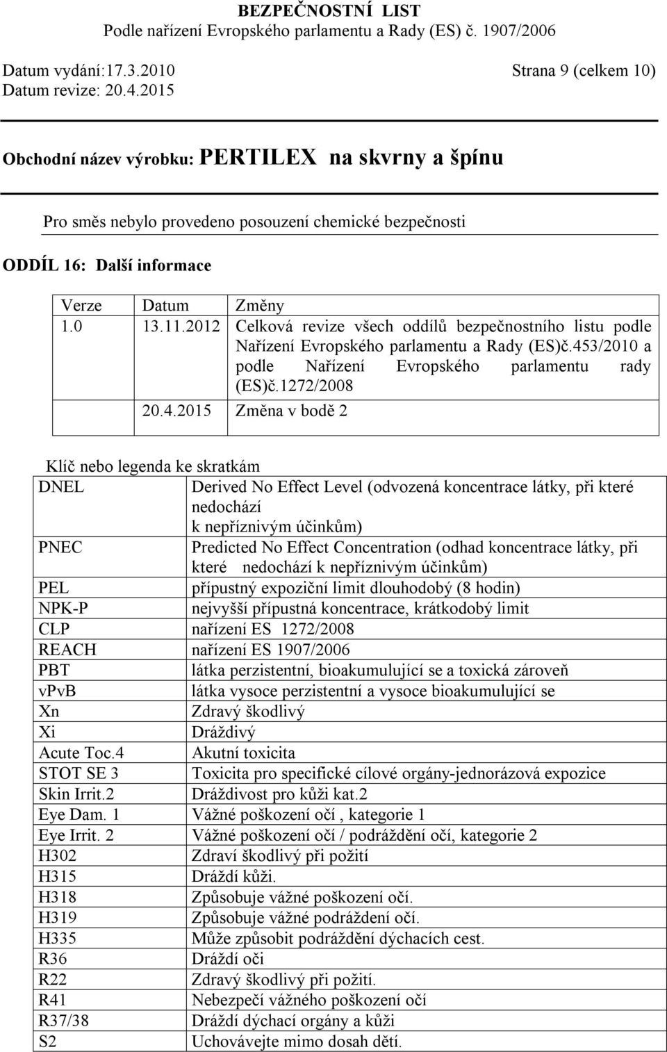 3/2010 a podle Nařízení Evropského parlamentu rady (ES)č.1272/2008 20.4.