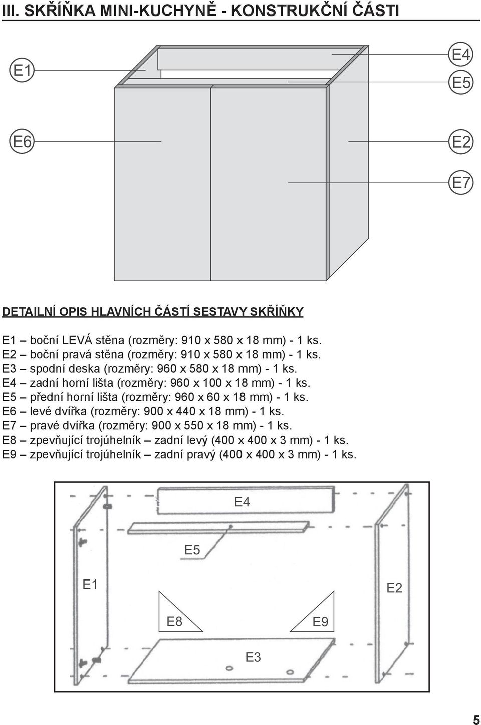 E4 zadní horní lišta (rozměry: 960 x 100 x 18 mm) - 1 ks. E5 přední horní lišta (rozměry: 960 x 60 x 18 mm) - 1 ks.