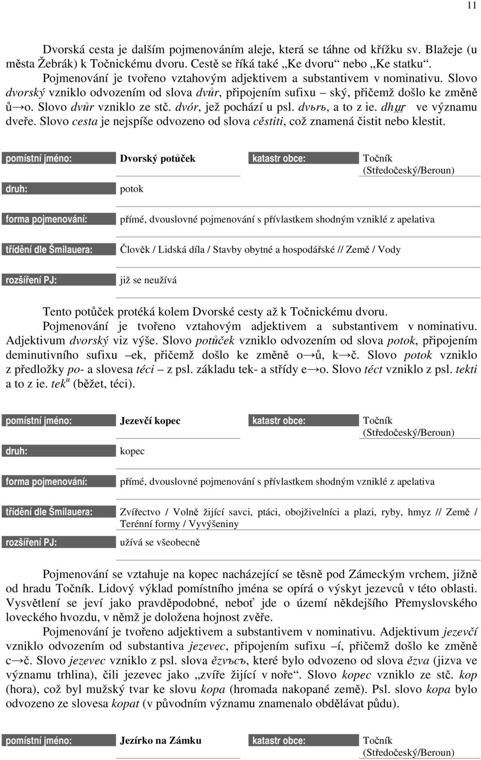 dvór, jež pochází u psl. dvьrь, a to z ie. dhûr ve významu dveře. Slovo cesta je nejspíše odvozeno od slova cěstiti, což znamená čistit nebo klestit.