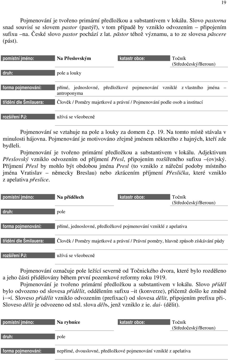 Na Přeslovským pole a louky přímé, jednoslovné, předložkové pojmenování vzniklé z vlastního jména antroponyma Člověk / Poměry majetkové a právní / Pojmenování podle osob a institucí Pojmenování se