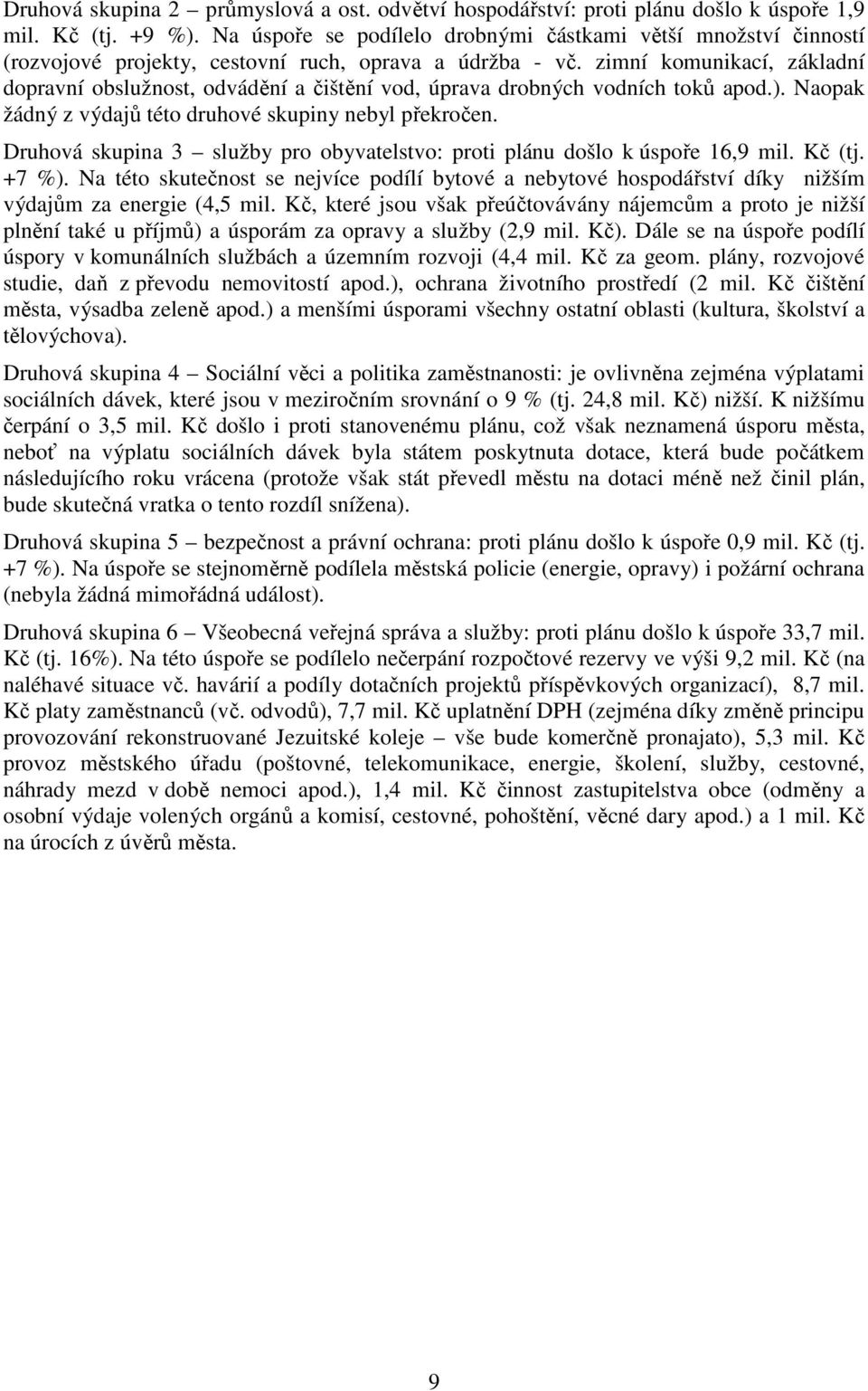 zimní komunikací, základní dopravní obslužnost, odvádění a čištění vod, úprava drobných vodních toků apod.). Naopak žádný z výdajů této druhové skupiny nebyl překročen.