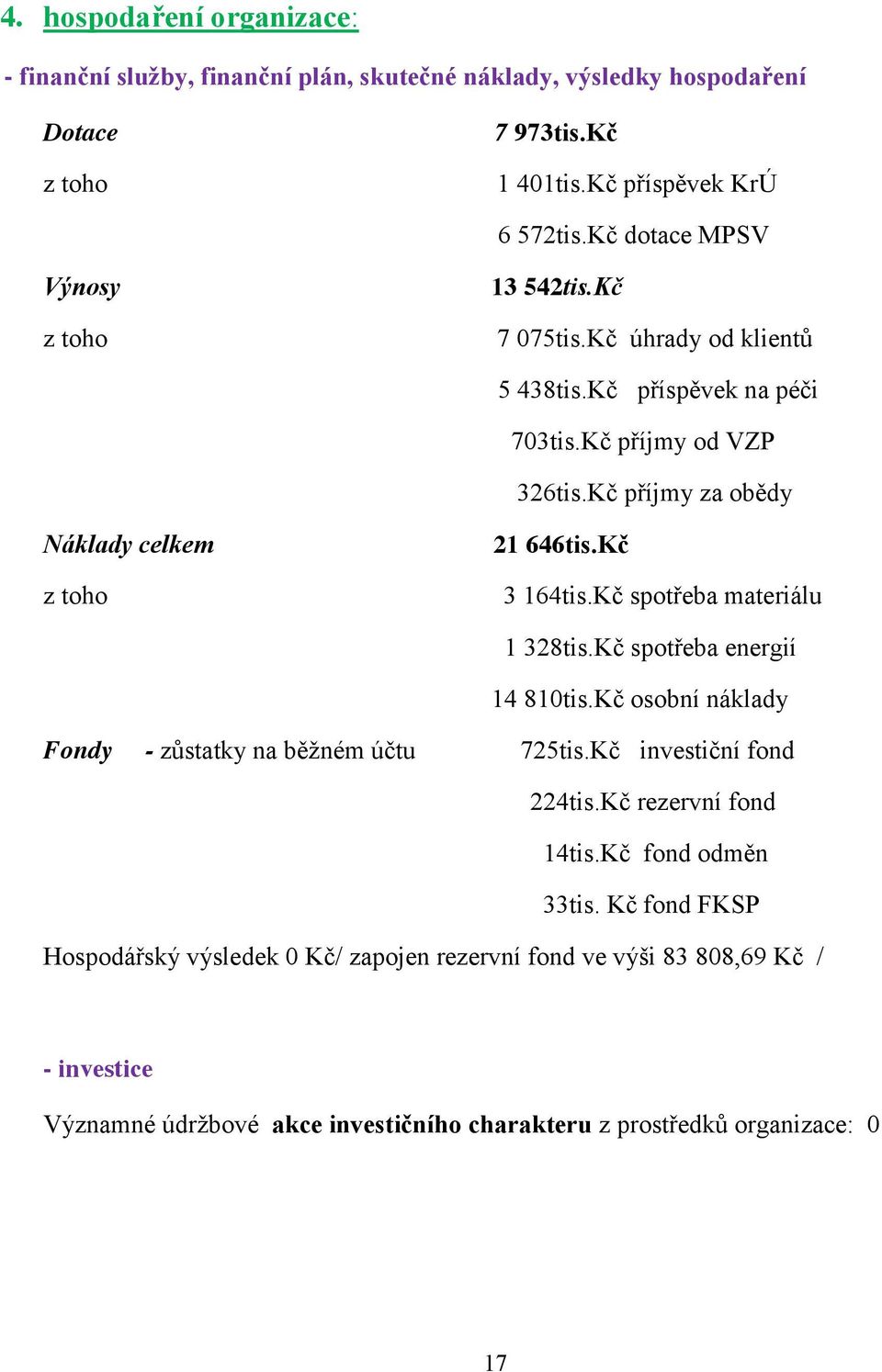 Kč příjmy za obědy Náklady celkem z toho 21 646tis.Kč 3 164tis.Kč spotřeba materiálu 1 328tis.Kč spotřeba energií 14 810tis.