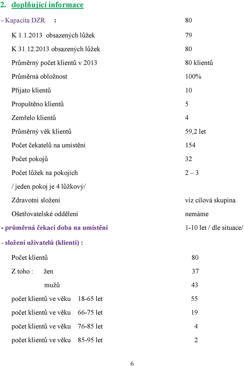 let Počet čekatelů na umístění 154 Počet pokojů 32 Počet lůžek na pokojích 2 3 / jeden pokoj je 4 lůžkový/ Zdravotní složení Ošetřovatelské oddělení viz cílová skupina nemáme