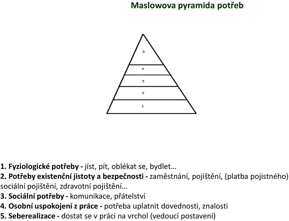 pojištění, zdravotní pojištění 3. Sociální potřeby - komunikace, přátelství 4.