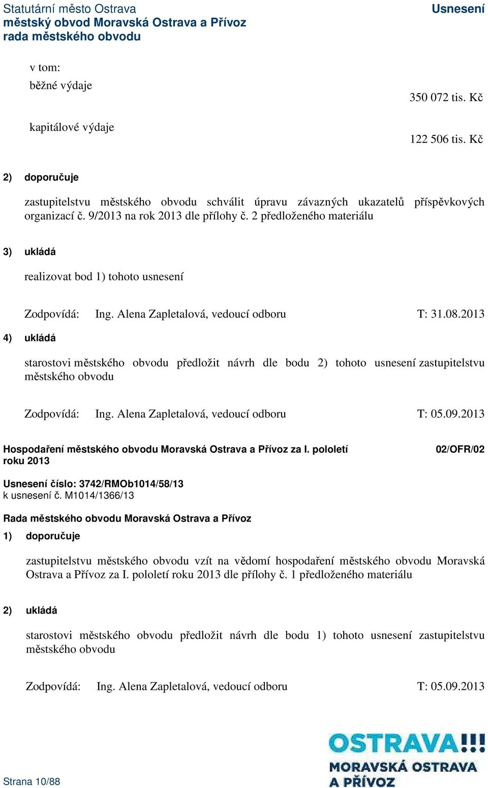 2013 4) ukládá starostovi městského obvodu předložit návrh dle bodu 2) tohoto usnesení zastupitelstvu městského obvodu Zodpovídá: Ing. Alena Zapletalová, vedoucí odboru T: 05.09.