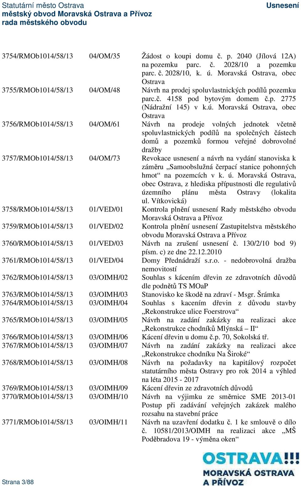 Moravská Ostrava, obec Ostrava 3756/RMOb1014/58/13 04/OM/61 Návrh na prodeje volných jednotek včetně spoluvlastnických podílů na společných částech domů a pozemků formou veřejné dobrovolné dražby