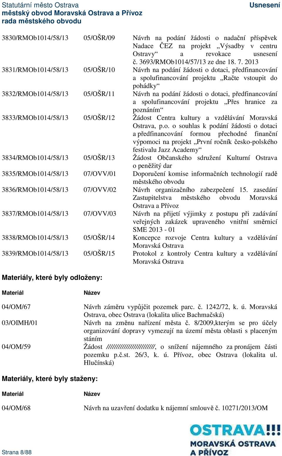 dotaci, předfinancování a spolufinancování projektu Přes hranice za poznáním 3833/RMOb1014/58/13 05/OŠR/12 Žádost Centra kultury a vzdělávání Moravská Ostrava, p.o. o souhlas k podání žádosti o