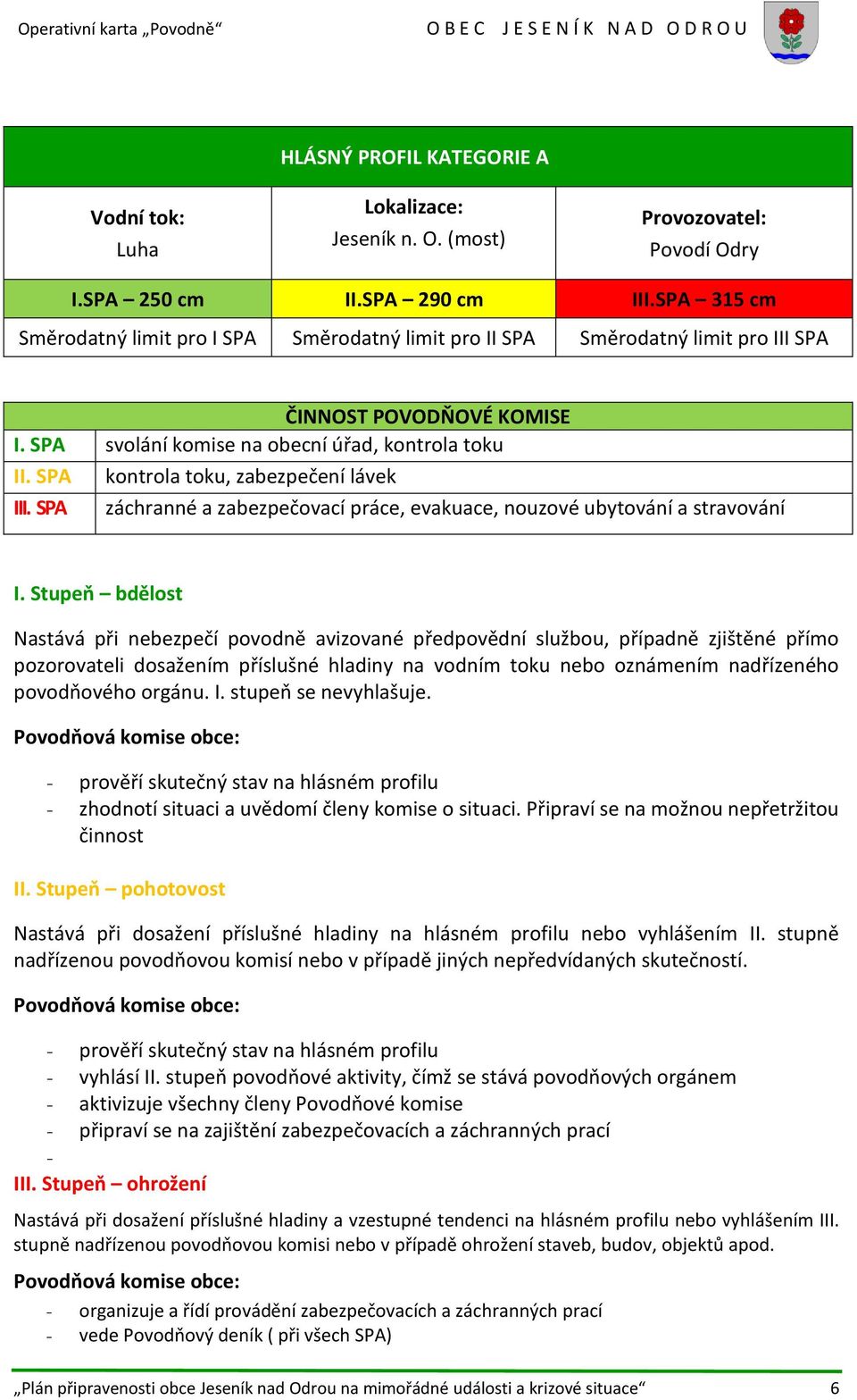 SPA kontrola toku, zabezpečení lávek III. SPA záchranné a zabezpečovací práce, evakuace, nouzové ubytování a stravování I.