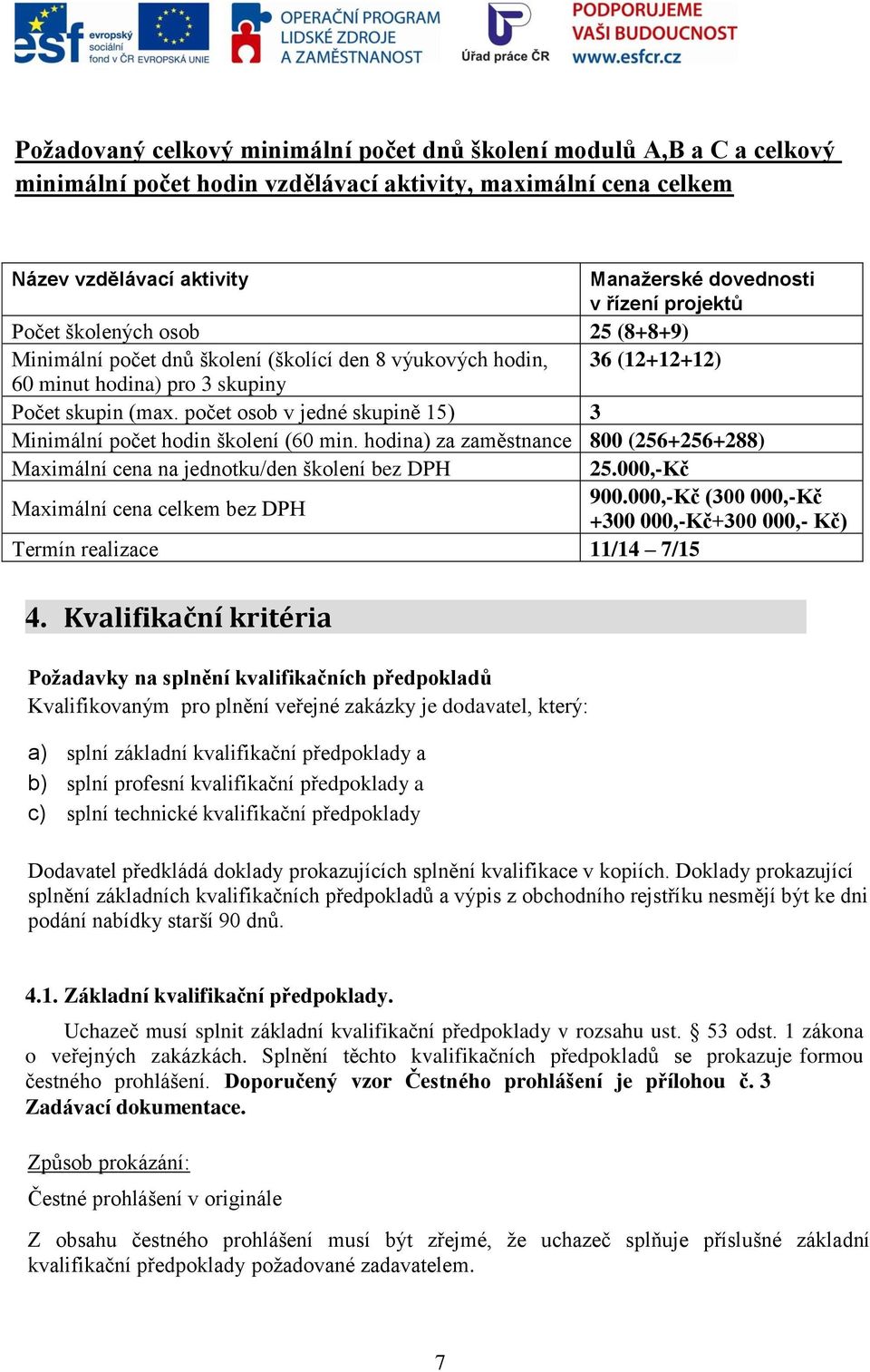 počet osob v jedné skupině 15) 3 Minimální počet hodin školení (60 min. hodina) za zaměstnance 800 (256+256+288) Maximální cena na jednotku/den školení bez DPH 25.