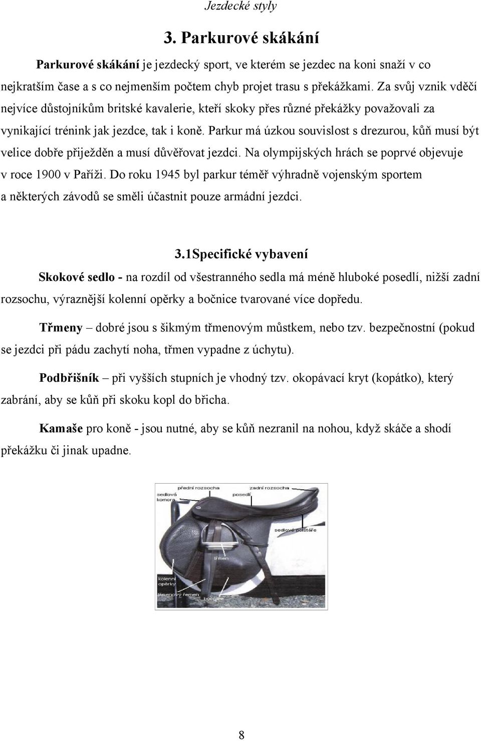 Parkur má úzkou souvislost s drezurou, kůň musí být velice dobře přiježděn a musí důvěřovat jezdci. Na olympijských hrách se poprvé objevuje v roce 1900 v Paříži.