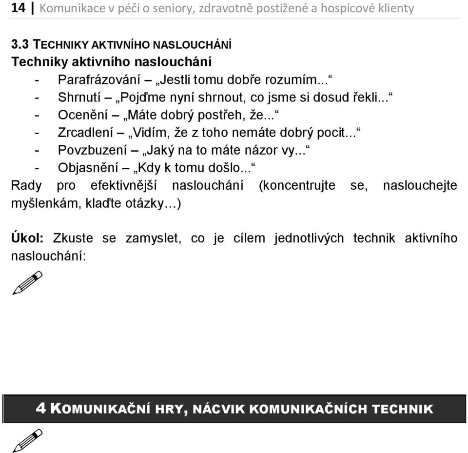 .. - Shrnutí Pojďme nyní shrnout, co jsme si dosud řekli... - Ocenění Máte dobrý postřeh, že... - Zrcadlení Vidím, že z toho nemáte dobrý pocit.