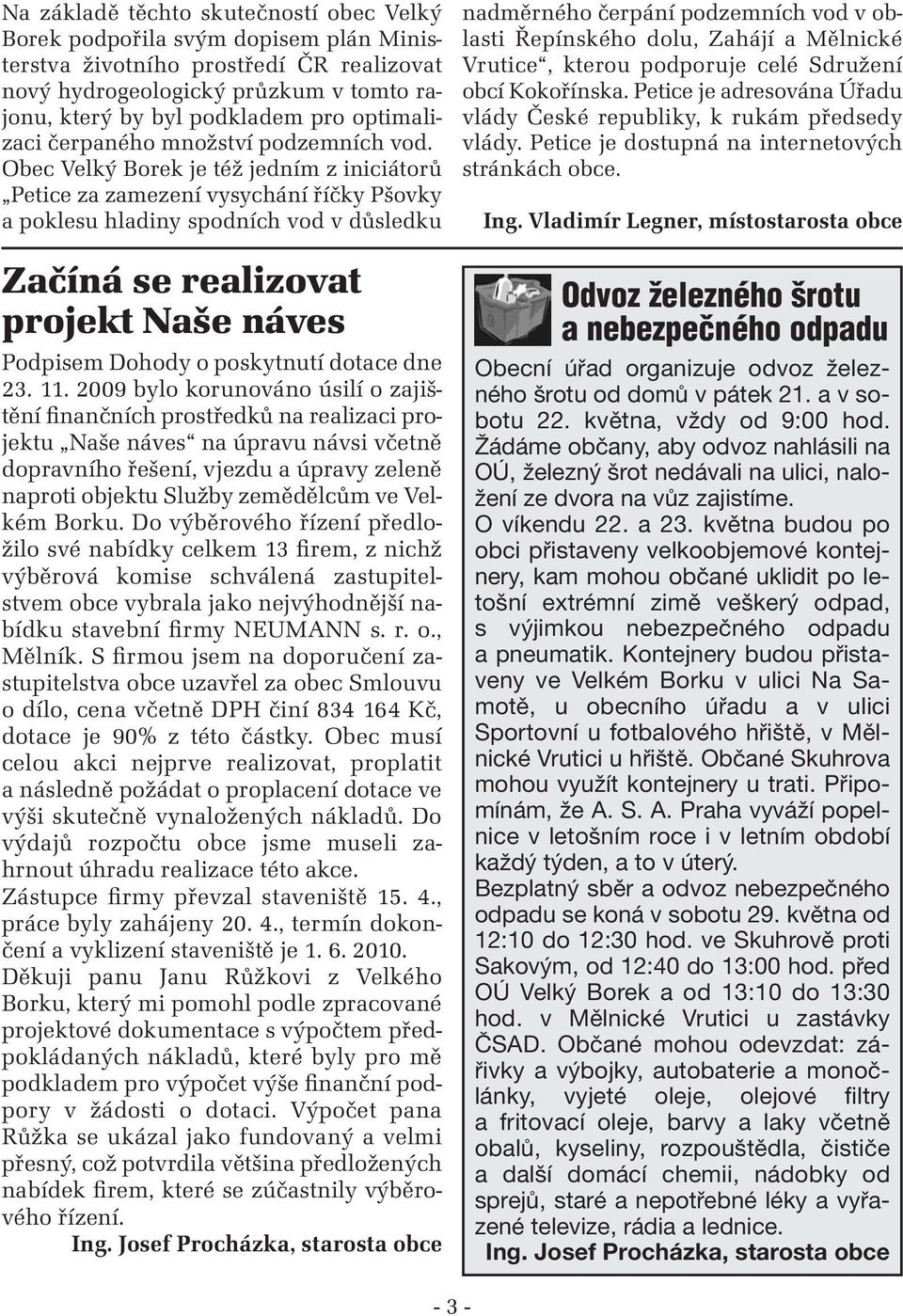 Obec Velký Borek je též jedním z iniciátorů Petice za zamezení vysychání říčky Pšovky a poklesu hladiny spodních vod v důsledku Začíná se realizovat projekt Naše náves Podpisem Dohody o poskytnutí