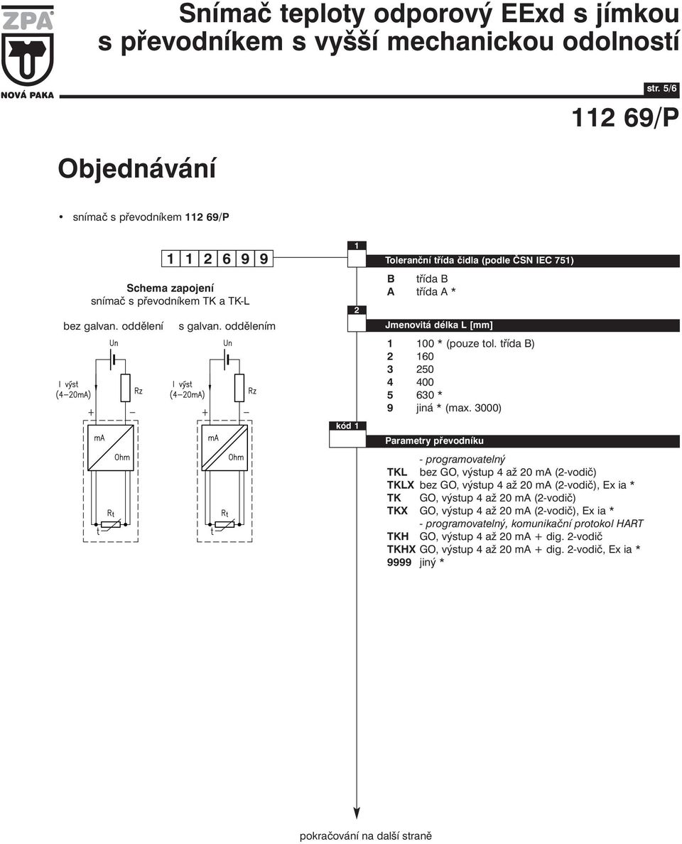 třída B) 60 3 50 Parametry převodníku - programovatelný TKL bez GO, výstup 4 až 0 ma (-vodič) TKLX bez GO, výstup 4 až 0 ma (-vodič), Ex ia * TK GO,