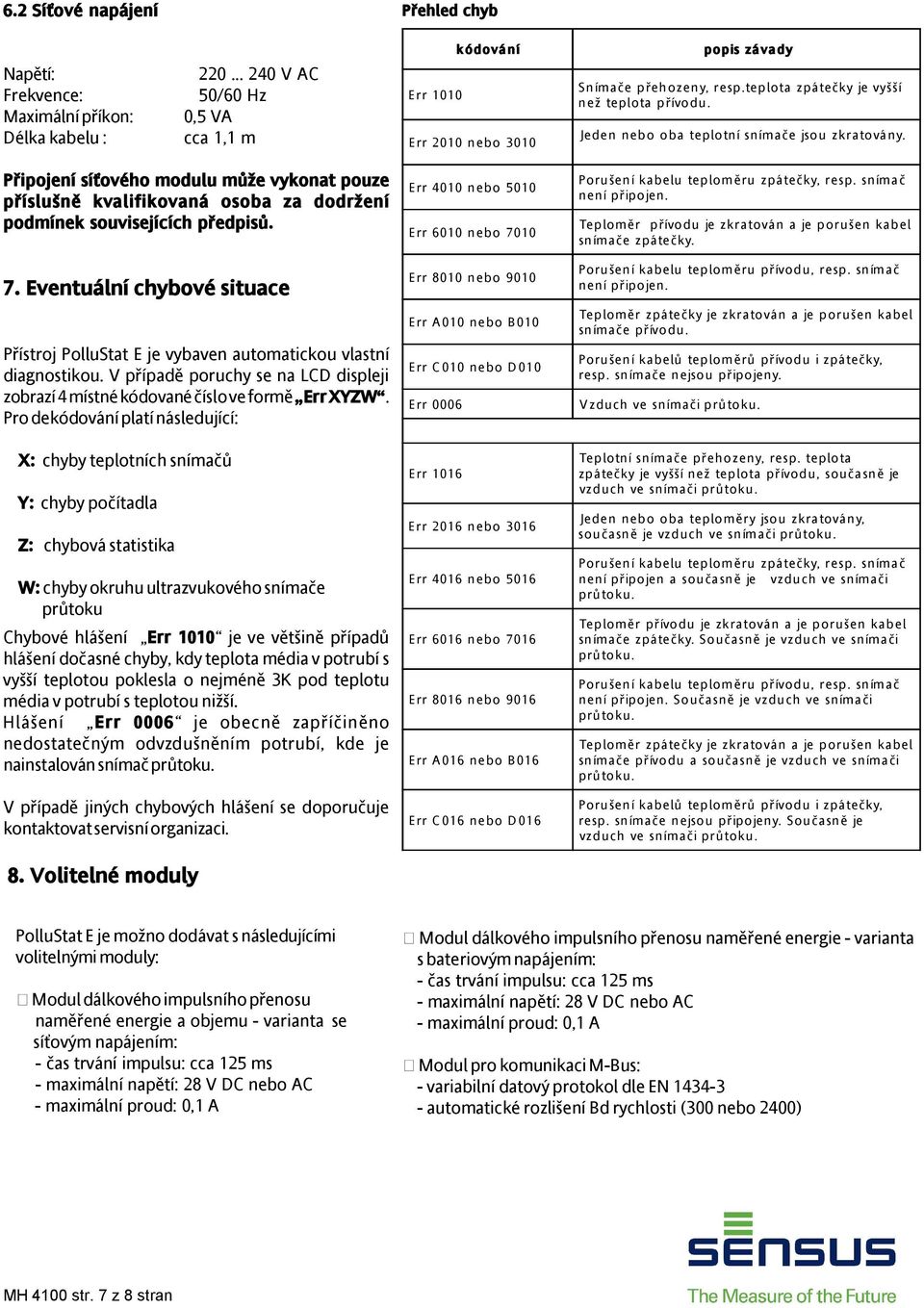 Jeden nebo oba teplotní snímače jsou zkratovány. Připojení síťového modulu může vykonat pouze příslušně kvalifikovaná osoba za dodržení podmínek souvisejících předpisů. 7.