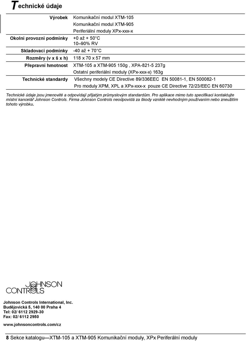 moduly XPM, XPL a XPx-xxx-x pouze CE Directive 72/23/EEC EN 60730 Technické údaje jsou jmenovité a odpovídají přijatým průmyslovým standardům.