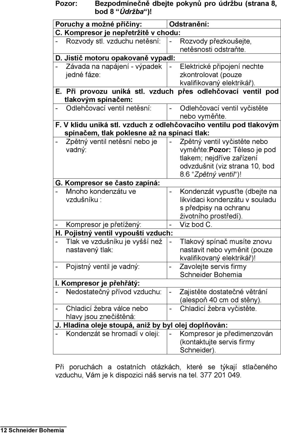 Jistič motoru opakovaně vypadl: - Závada na napájení - výpadek jedné fáze: - Elektrické připojení nechte zkontrolovat (pouze kvalifikovaný elektrikář). E. Při provozu uniká stl.