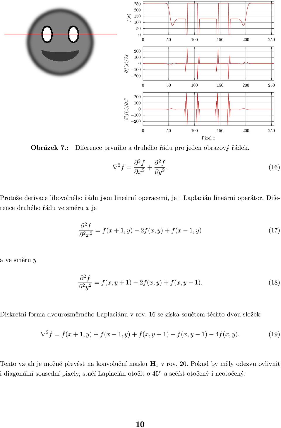 Diference druhého řádu ve směru x je 2 f 2 2 = f(x + 1, y) 2f(x, y) + f(x 1, y) (17) x a ve směru y 2 f 2 2 = f(x, y + 1) 2f(x, y) + f(x, y 1).