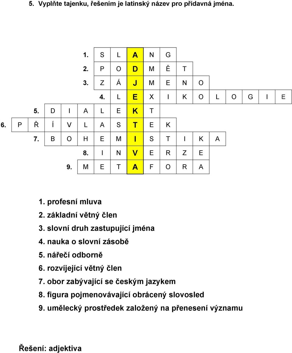 profesní mluva 2. základní větný člen 3. slovní druh zastupující jména 4. nauka o slovní zásobě 5. nářečí odborně 6.