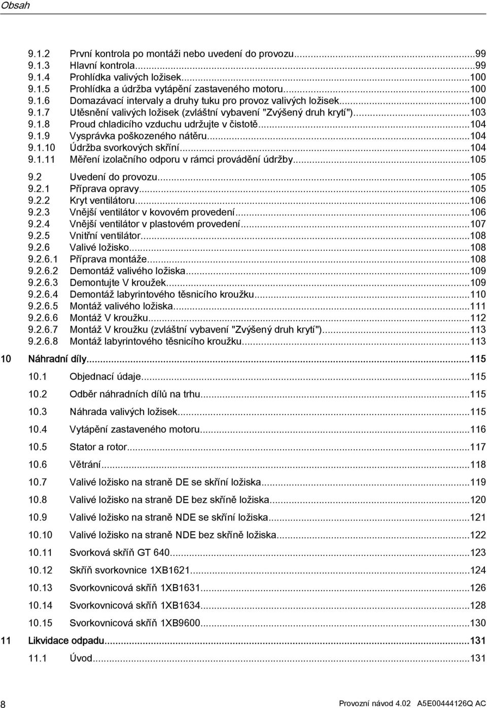 ..104 9.1.11 Měření izolačního odporu v rámci provádění údržby...105 9.2 Uvedení do provozu...105 9.2.1 Příprava opravy...105 9.2.2 Kryt ventilátoru...106 9.2.3 Vnější ventilátor v kovovém provedení.