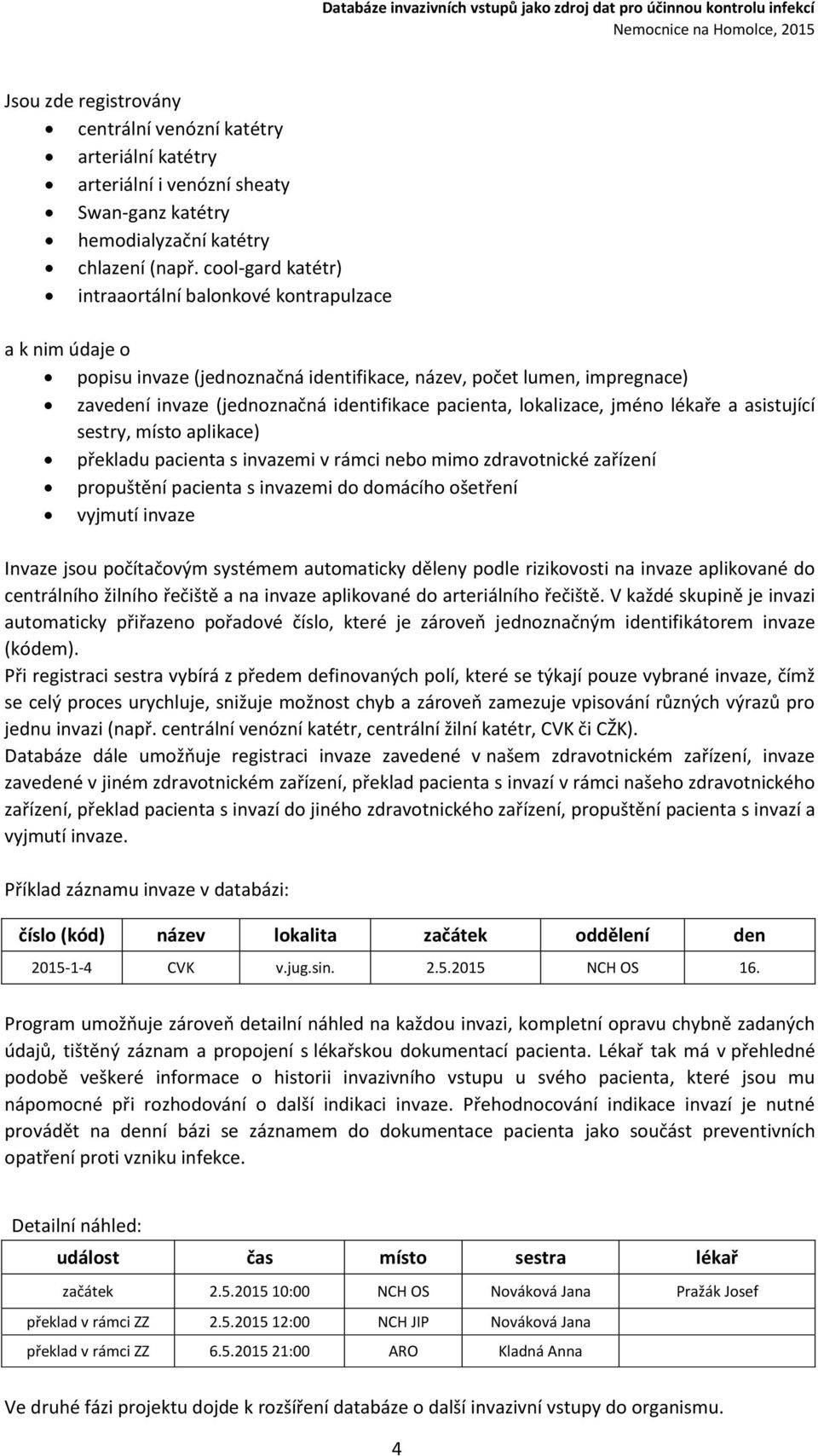 lokalizace, jméno lékaře a asistující sestry, místo aplikace) překladu pacienta s invazemi v rámci nebo mimo zdravotnické zařízení propuštění pacienta s invazemi do domácího ošetření vyjmutí invaze