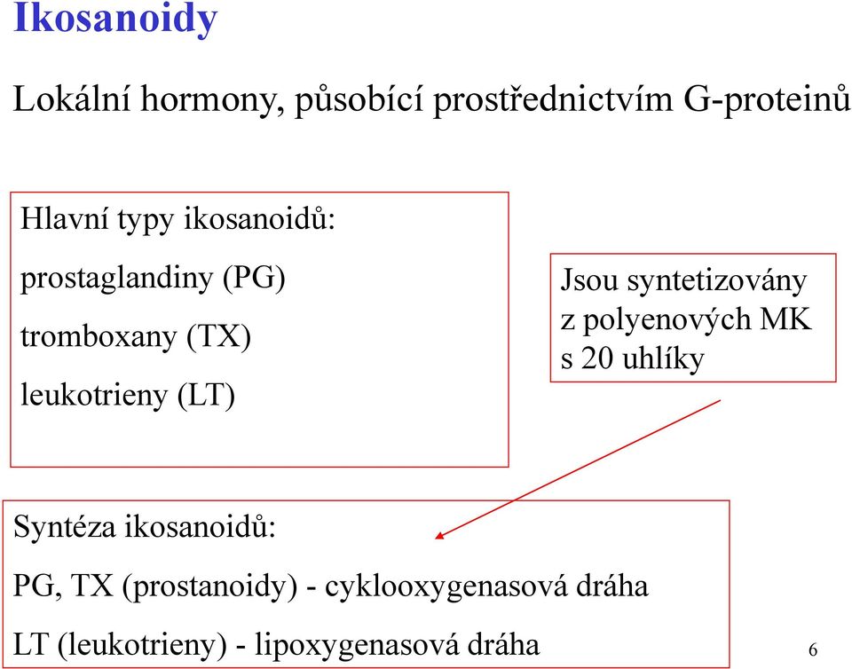 Jsou syntetizovány z polyenových MK s 20 uhlíky Syntéza ikosanoidů: PG,