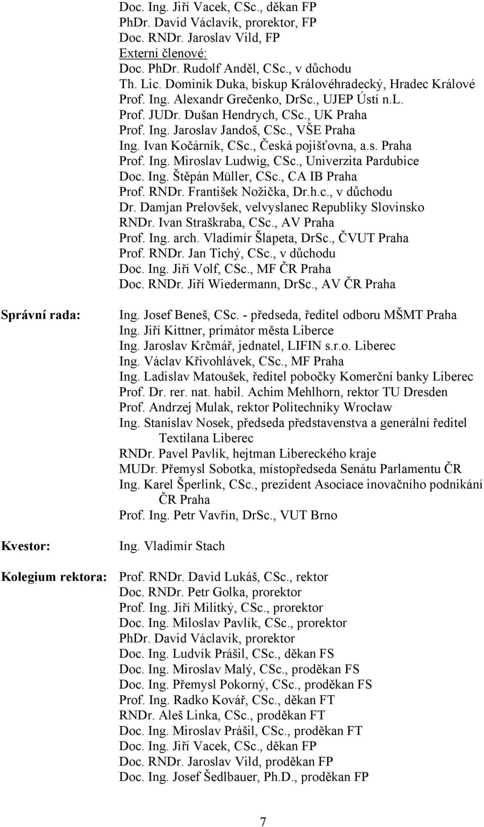 Ivan Kočárník, CSc., Česká pojišťovna, a.s. Praha Prof. Ing. Miroslav Ludwig, CSc., Univerzita Pardubice Doc. Ing. Štěpán Müller, CSc., CA IB Praha Prof. RNDr. František Nožička, Dr.h.c., v důchodu Dr.