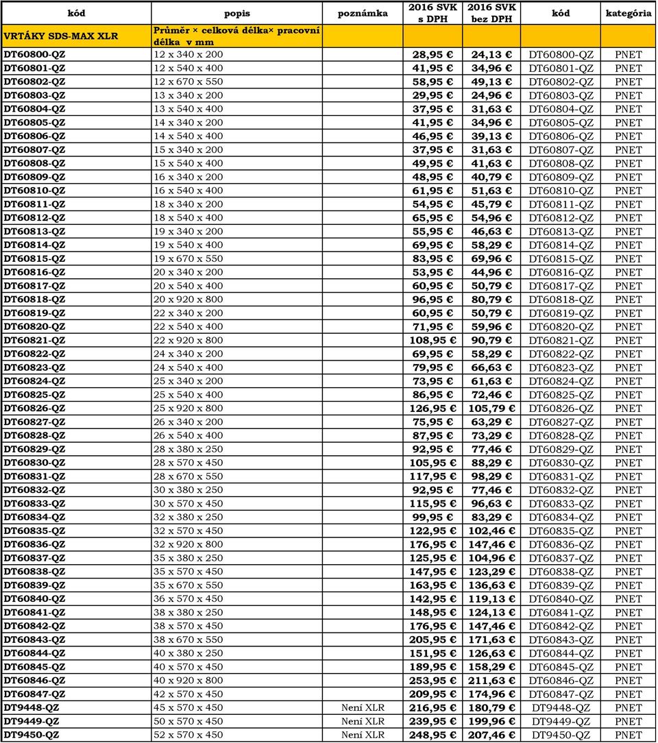 DT60806-QZ 14 x 540 x 400 46,95 39,13 DT60806-QZ PNET DT60807-QZ 15 x 340 x 200 37,95 31,63 DT60807-QZ PNET DT60808-QZ 15 x 540 x 400 49,95 41,63 DT60808-QZ PNET DT60809-QZ 16 x 340 x 200 48,95 40,79