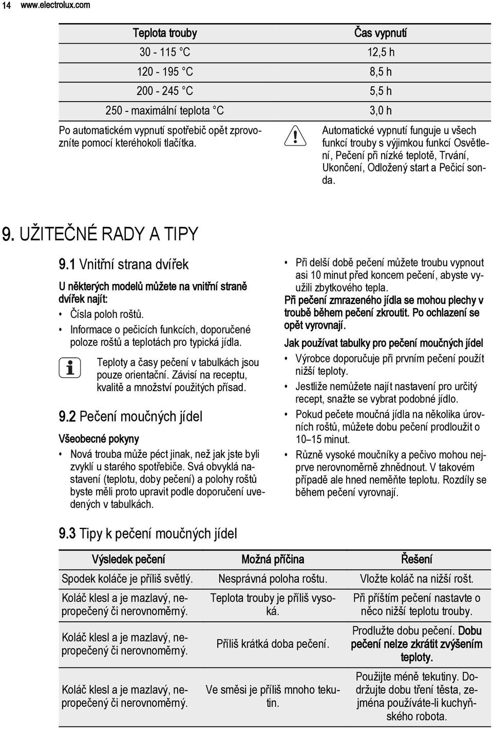 Automatické vypnutí funguje u všech funkcí trouby s výjimkou funkcí Osvětlení, Pečení při nízké teplotě, Trvání, Ukončení, Odložený start a Pečicí sonda. 9. UŽITEČNÉ RADY A TIPY 9.
