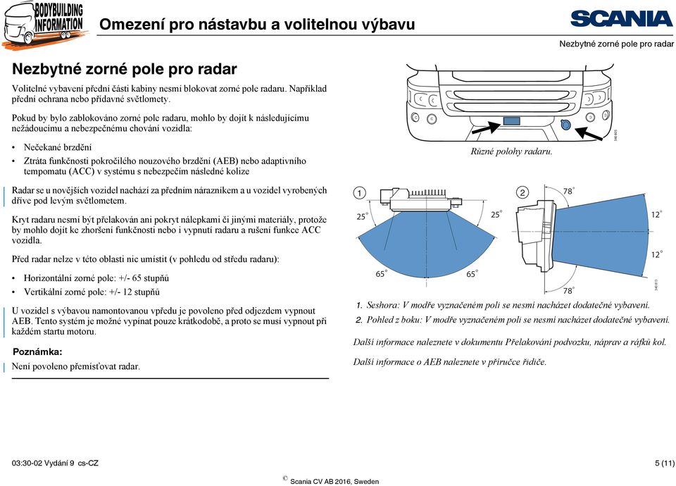 adaptivního tempomatu (ACC) v systému s nebezpečím následné kolize Různé polohy radaru.