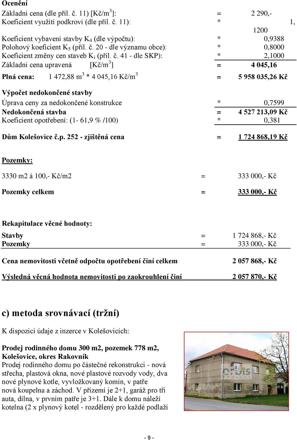 41 - dle SKP): * 2,1000 Základní cena upravená [Kč/m 3 ] = 4 045,16 Plná cena: 1 472,88 m 3 * 4 045,16 Kč/m 3 = 5 958 035,26 Kč Výpočet nedokončené stavby Úprava ceny za nedokončené konstrukce *