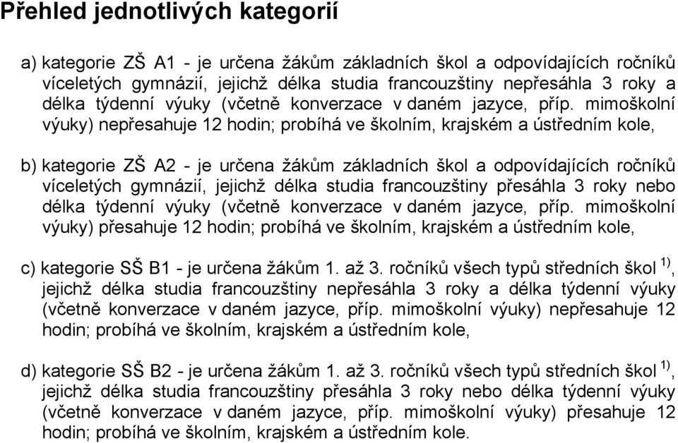 francouzštiny přesáhla 3 roky nebo výuky) přesahuje 12 hodin; probíhá ve školním, krajském a ústředním kole, c) kategorie SŠ B1 - je určena žákům 1. až 3.