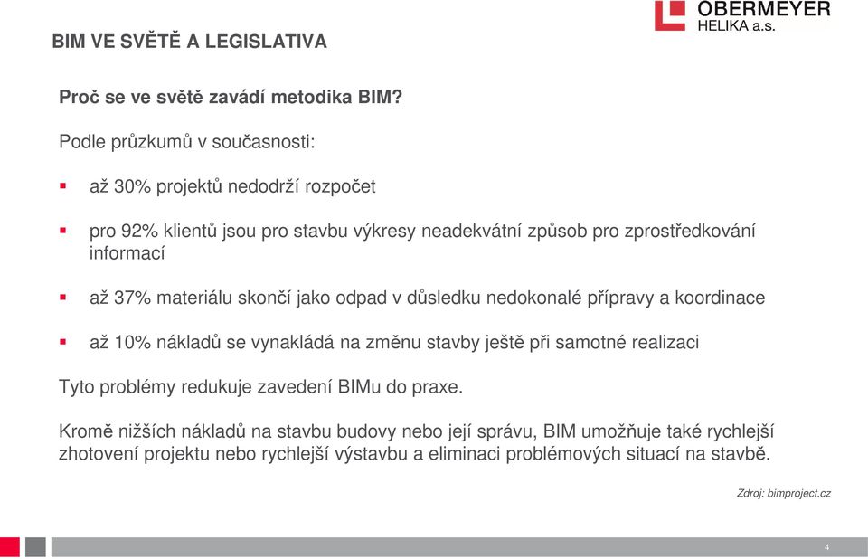 až 37% materiálu skončí jako odpad v důsledku nedokonalé přípravy a koordinace až 10% nákladů se vynakládá na změnu stavby ještě při samotné realizaci