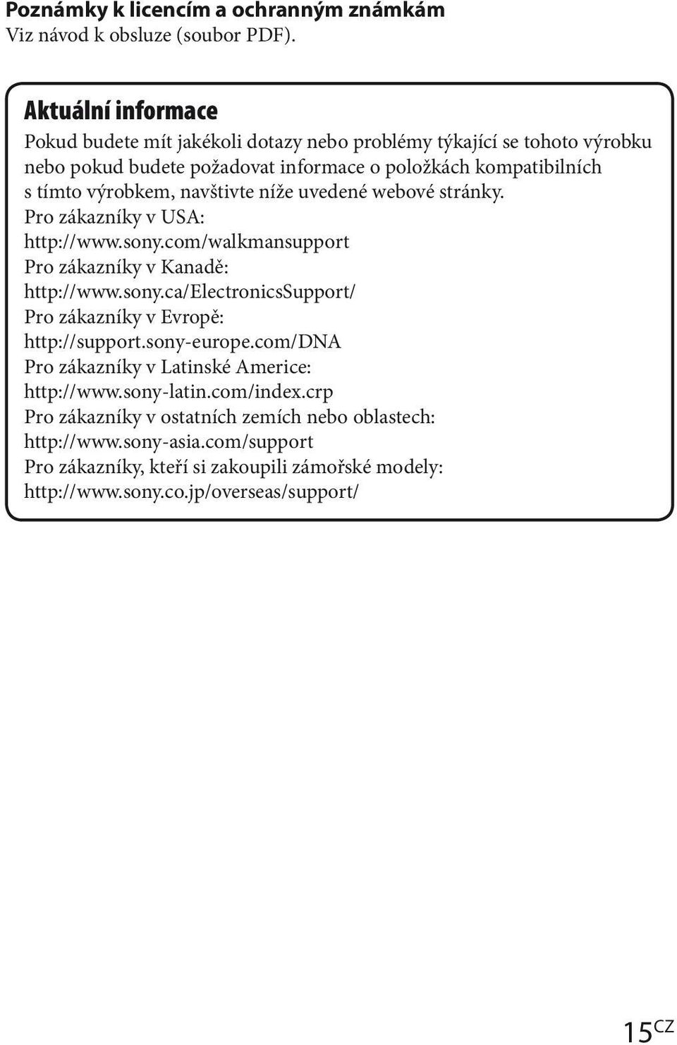 navštivte níže uvedené webové stránky. Pro zákazníky v USA: http://www.sony.com/walkmansupport Pro zákazníky v Kanadě: http://www.sony.ca/electronicssupport/ Pro zákazníky v Evropě: http://support.