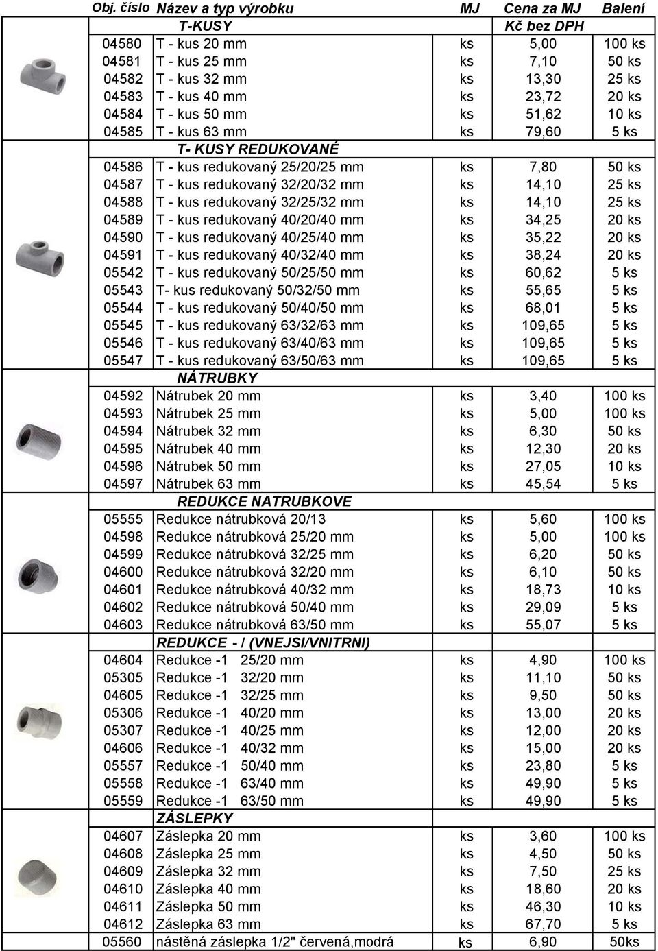 ks 04588 T - kus redukovaný 32/25/32 mm ks 14,10 25 ks 04589 T - kus redukovaný 40/20/40 mm ks 34,25 20 ks 04590 T - kus redukovaný 40/25/40 mm ks 35,22 20 ks 04591 T - kus redukovaný 40/32/40 mm ks