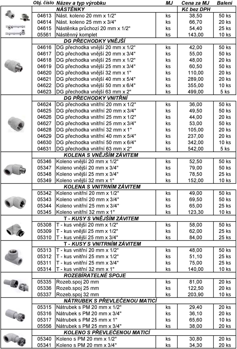 04617 DG přechodka vnější 20 mm x 3/4" ks 55,00 50 ks 04618 DG přechodka vnější 25 mm x 1/2" ks 48,00 20 ks 04619 DG přechodka vnější 25 mm x 3/4" ks 60,50 50 ks 04620 DG přechodka vnější 32 mm x 1"