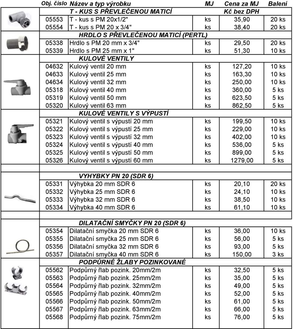 ks 04634 Kulový ventil 32 mm ks 250,00 10 ks 05318 Kulový ventil 40 mm ks 360,00 5 ks 05319 Kulový ventil 50 mm ks 623,50 5 ks 05320 Kulový ventil 63 mm ks 862,50 5 ks KULOVÉ VENTILY S VÝPUSTÍ 05321