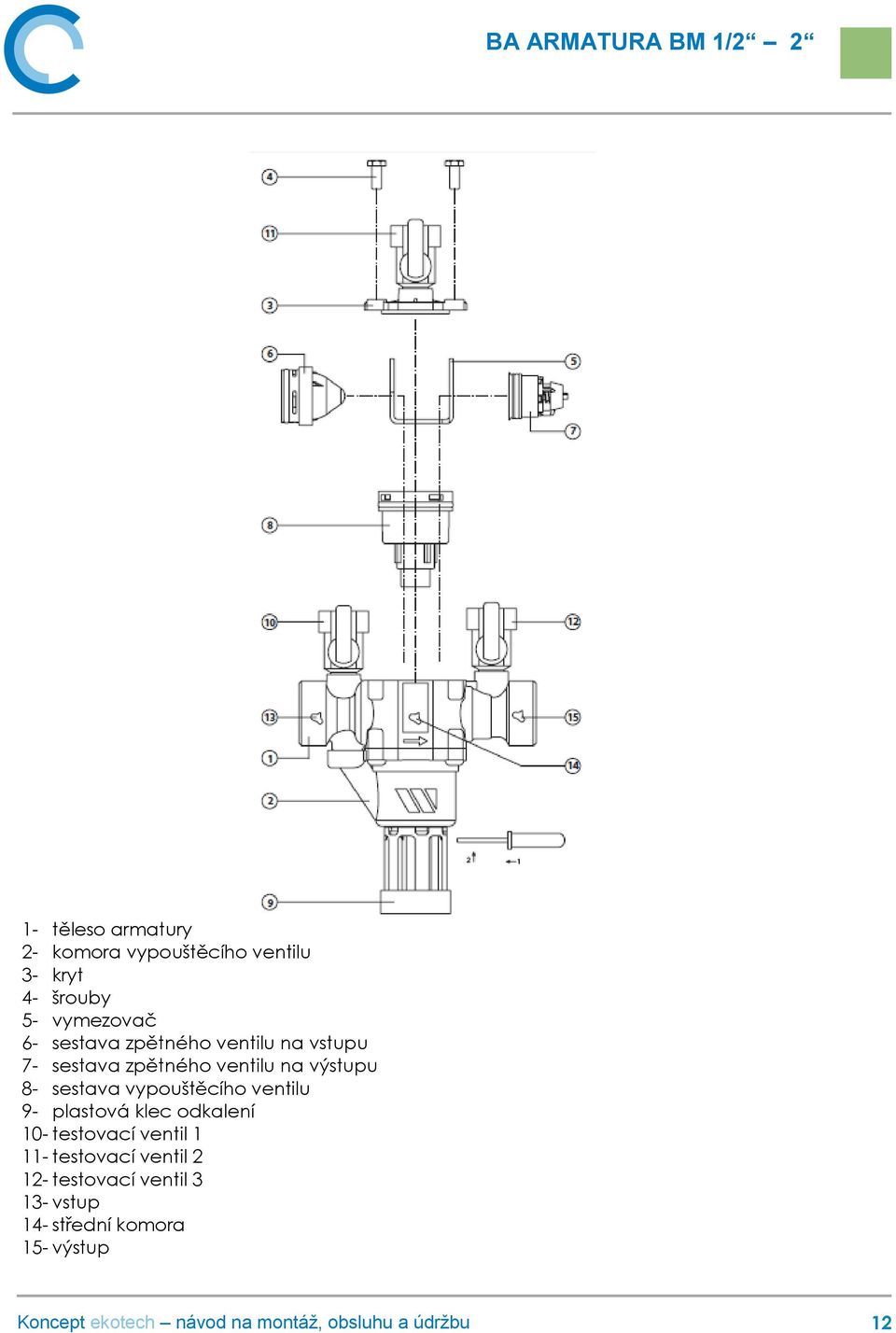 sestava vypouštěcího ventilu 9- plastová klec odkalení 10- testovací ventil 1 11-